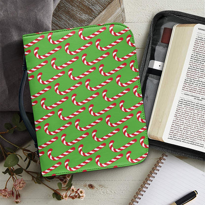 Merry Christmas Candy Cane Pattern Print Leather Bible Cover