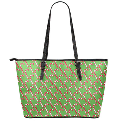 Merry Christmas Candy Cane Pattern Print Leather Tote Bag