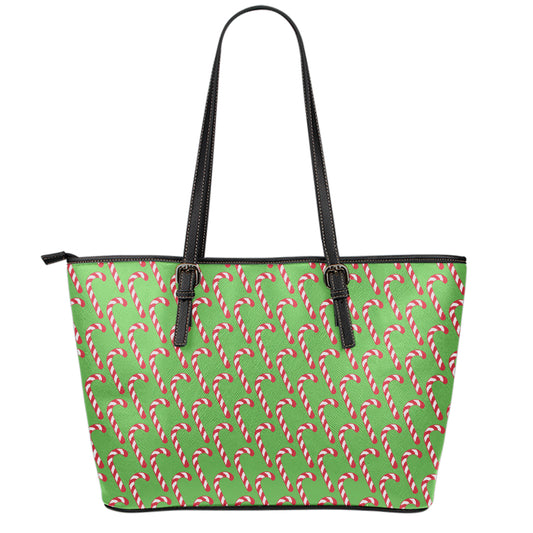 Merry Christmas Candy Cane Pattern Print Leather Tote Bag