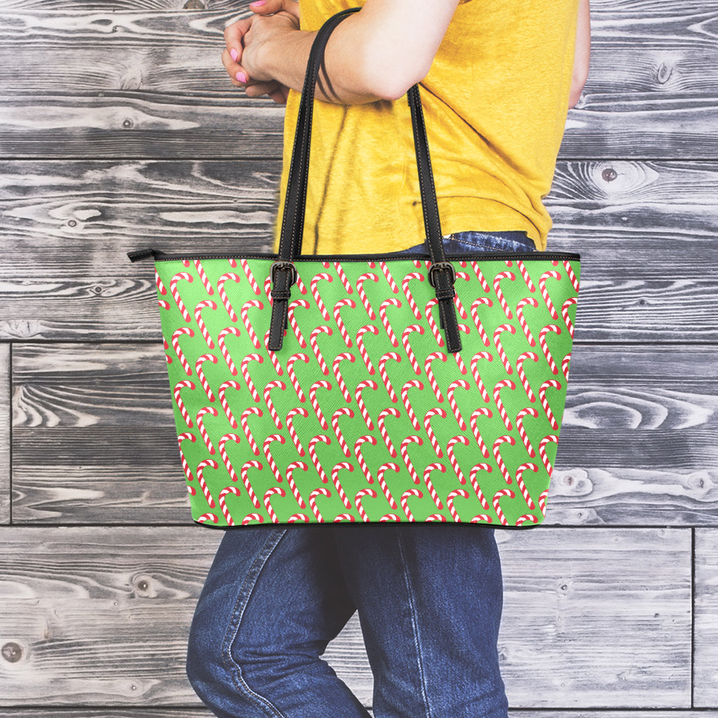 Merry Christmas Candy Cane Pattern Print Leather Tote Bag