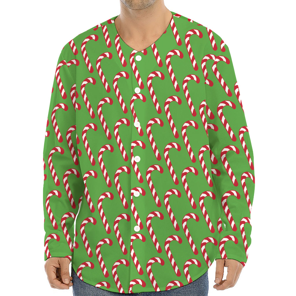 Merry Christmas Candy Cane Pattern Print Long Sleeve Baseball Jersey