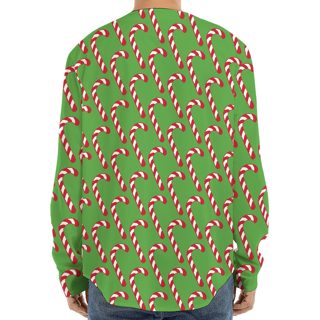 Merry Christmas Candy Cane Pattern Print Long Sleeve Baseball Jersey