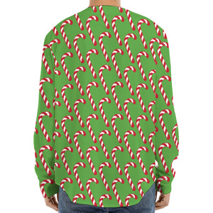 Merry Christmas Candy Cane Pattern Print Long Sleeve Baseball Jersey