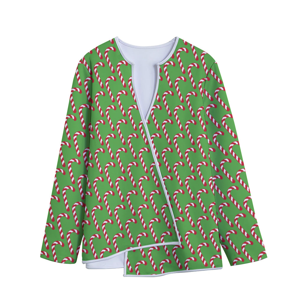 Merry Christmas Candy Cane Pattern Print Long Sleeve Short Coat