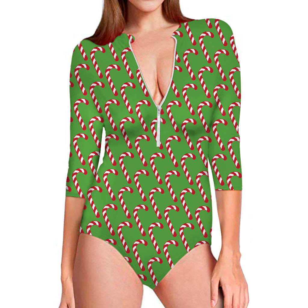 Merry Christmas Candy Cane Pattern Print Long Sleeve Swimsuit