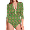 Merry Christmas Candy Cane Pattern Print Long Sleeve Swimsuit