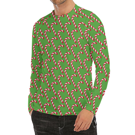 Merry Christmas Candy Cane Pattern Print Men's Long Sleeve Rash Guard