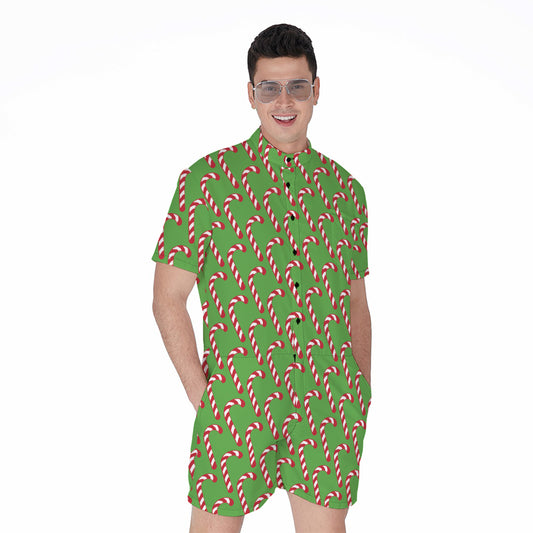 Merry Christmas Candy Cane Pattern Print Men's Rompers