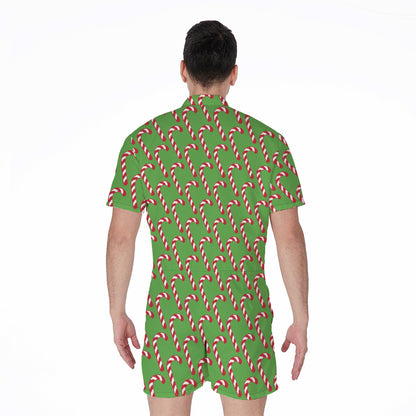 Merry Christmas Candy Cane Pattern Print Men's Rompers