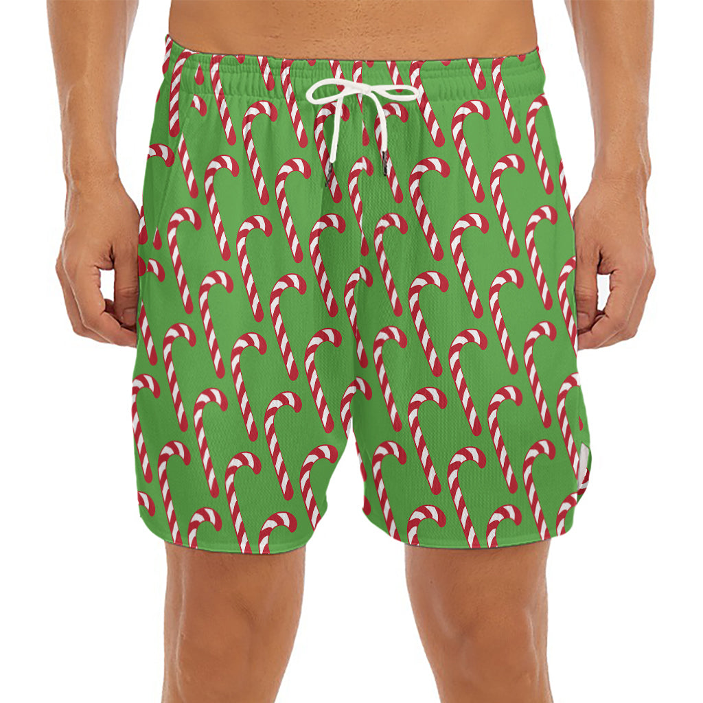 Merry Christmas Candy Cane Pattern Print Men's Split Running Shorts