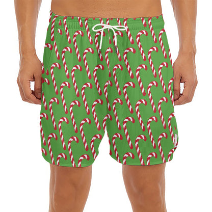 Merry Christmas Candy Cane Pattern Print Men's Split Running Shorts
