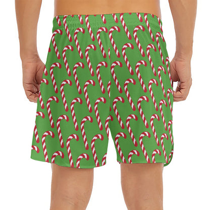 Merry Christmas Candy Cane Pattern Print Men's Split Running Shorts