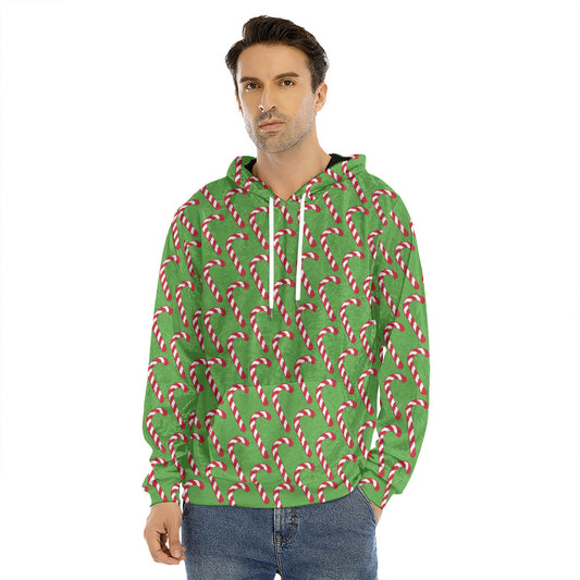 Merry Christmas Candy Cane Pattern Print Men's Velvet Pullover Hoodie