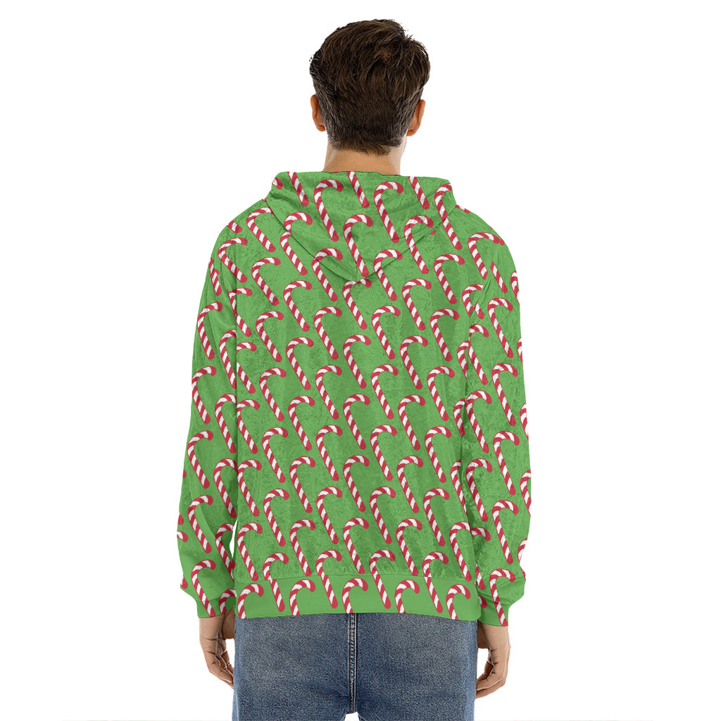 Merry Christmas Candy Cane Pattern Print Men's Velvet Pullover Hoodie