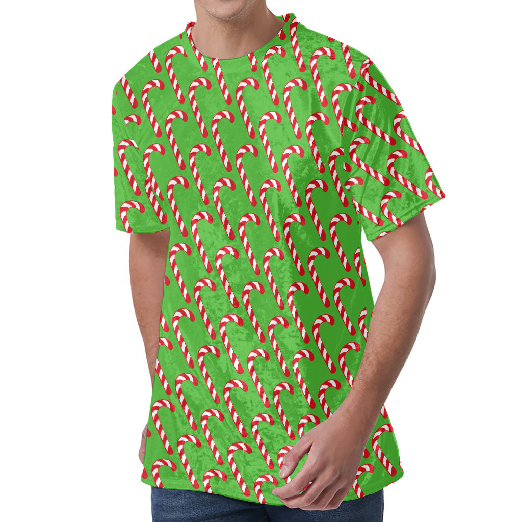 Merry Christmas Candy Cane Pattern Print Men's Velvet T-Shirt