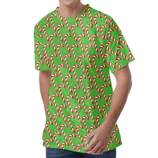 Merry Christmas Candy Cane Pattern Print Men's Velvet T-Shirt