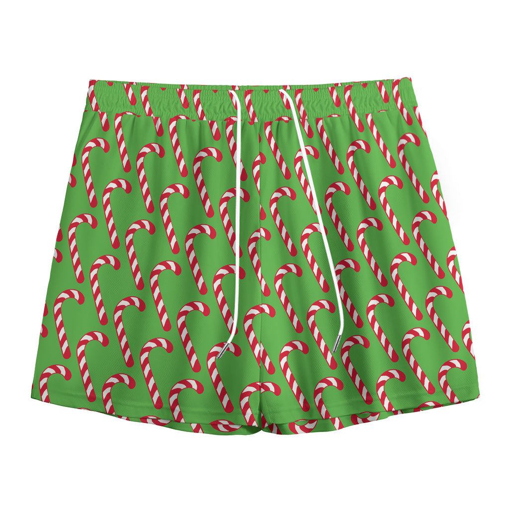 Merry Christmas Candy Cane Pattern Print Mesh Shorts