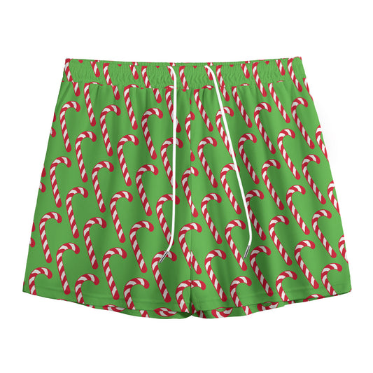 Merry Christmas Candy Cane Pattern Print Mesh Shorts