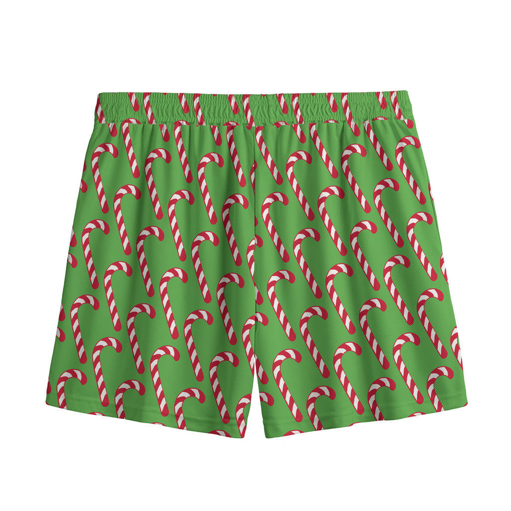 Merry Christmas Candy Cane Pattern Print Mesh Shorts