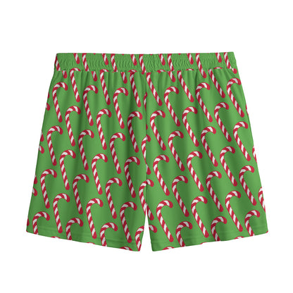 Merry Christmas Candy Cane Pattern Print Mesh Shorts