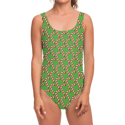 Merry Christmas Candy Cane Pattern Print One Piece Swimsuit