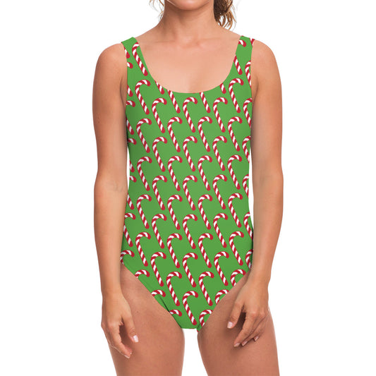 Merry Christmas Candy Cane Pattern Print One Piece Swimsuit
