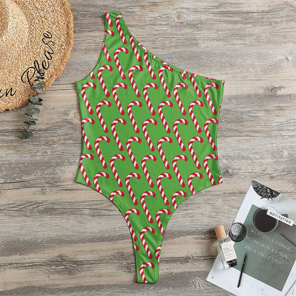 Merry Christmas Candy Cane Pattern Print One Shoulder Bodysuit