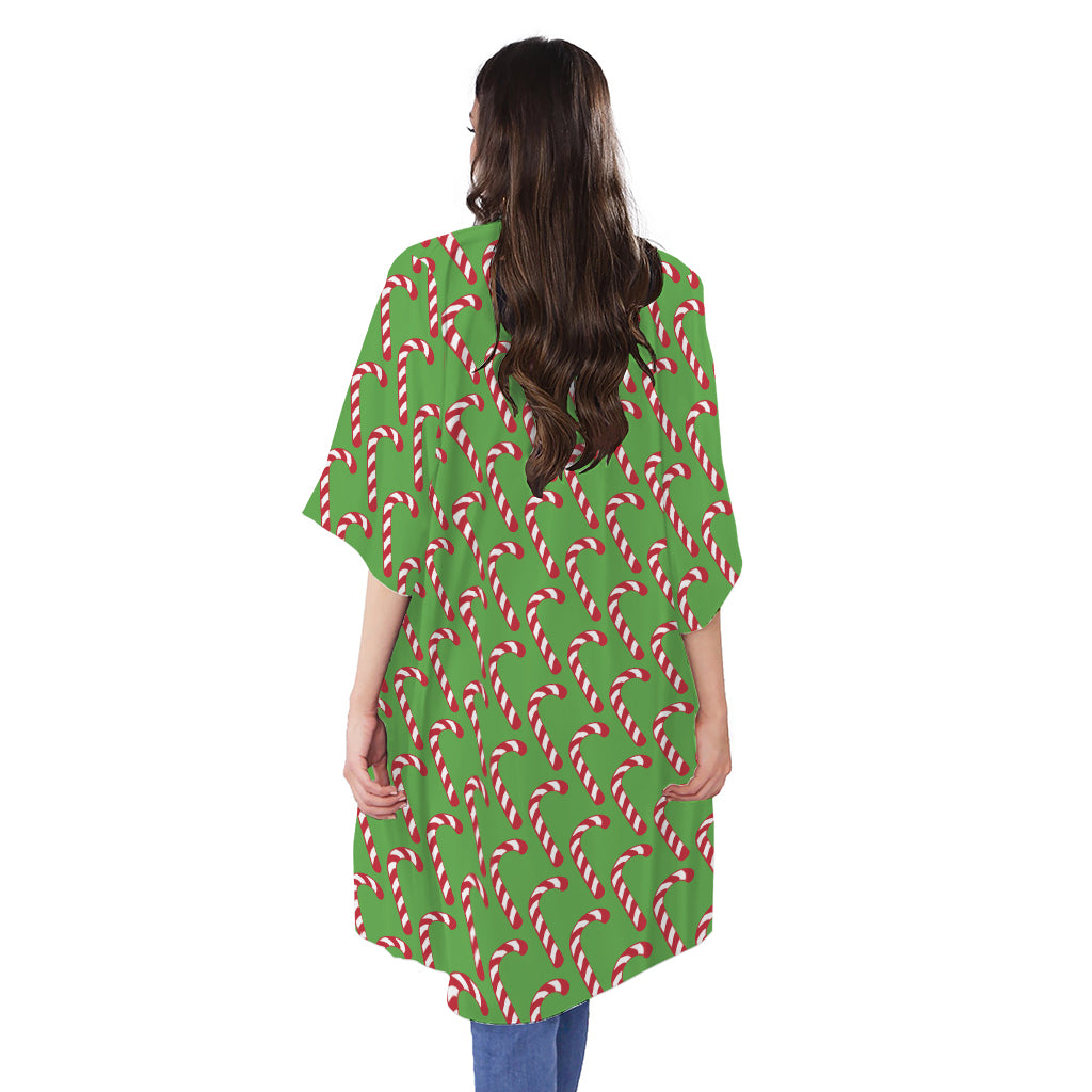 Merry Christmas Candy Cane Pattern Print Open Front Beach Cover Up