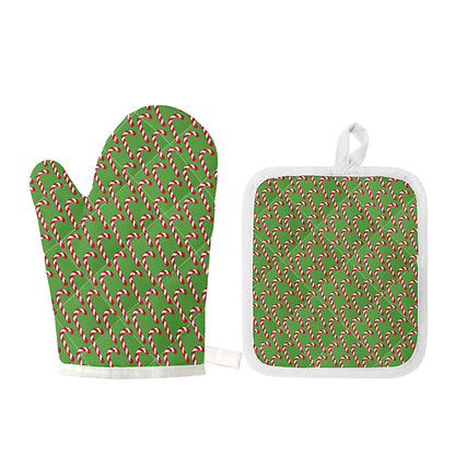 Merry Christmas Candy Cane Pattern Print Oven Mitt And Pot Holder Set
