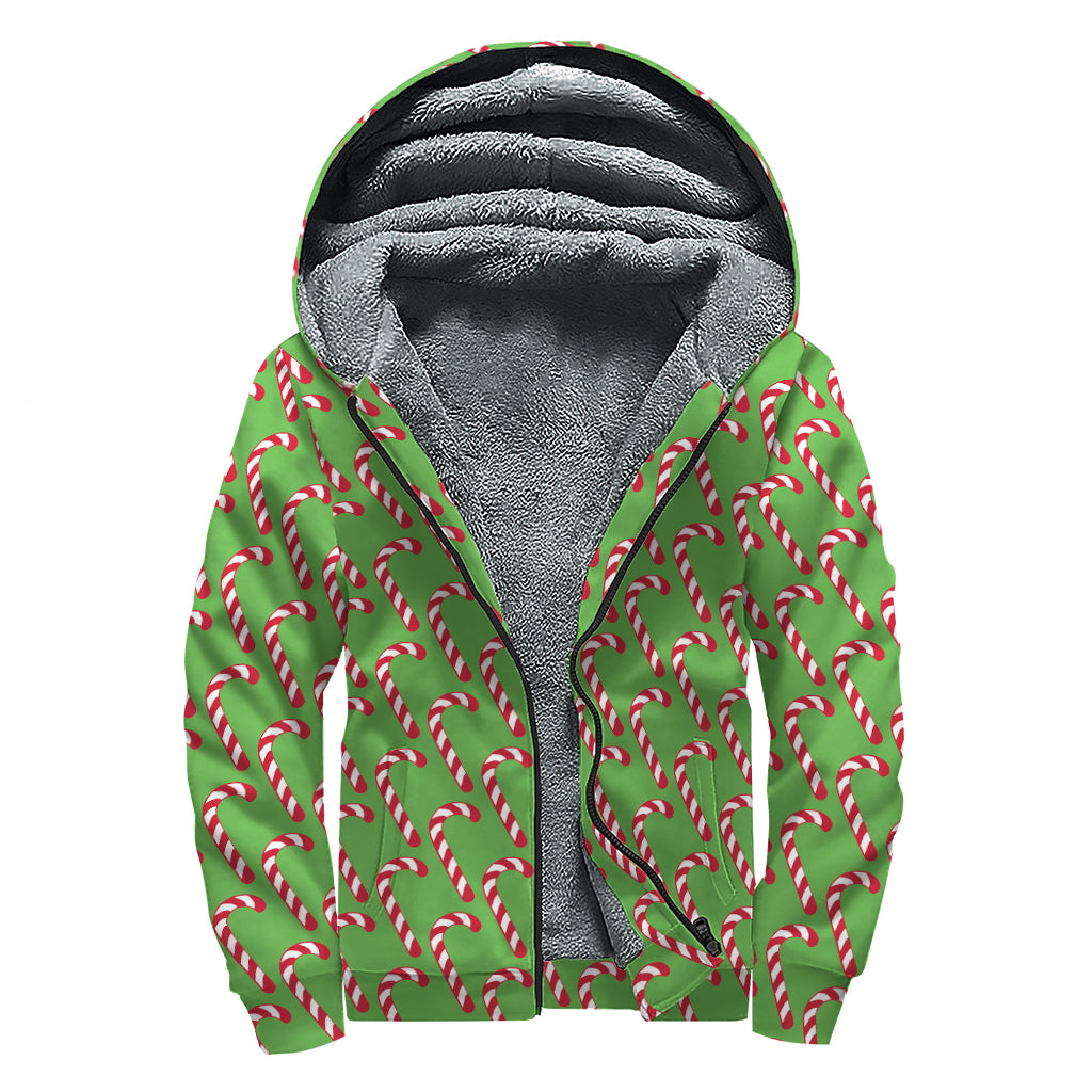 Merry Christmas Candy Cane Pattern Print Sherpa Lined Zip Up Hoodie