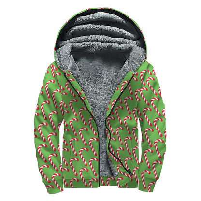 Merry Christmas Candy Cane Pattern Print Sherpa Lined Zip Up Hoodie