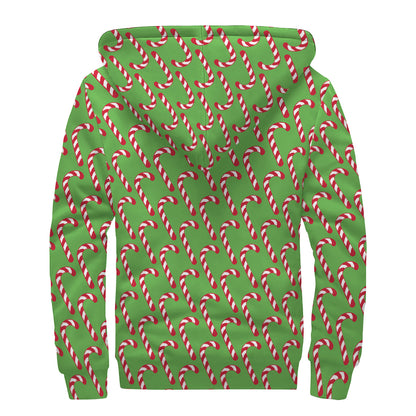 Merry Christmas Candy Cane Pattern Print Sherpa Lined Zip Up Hoodie