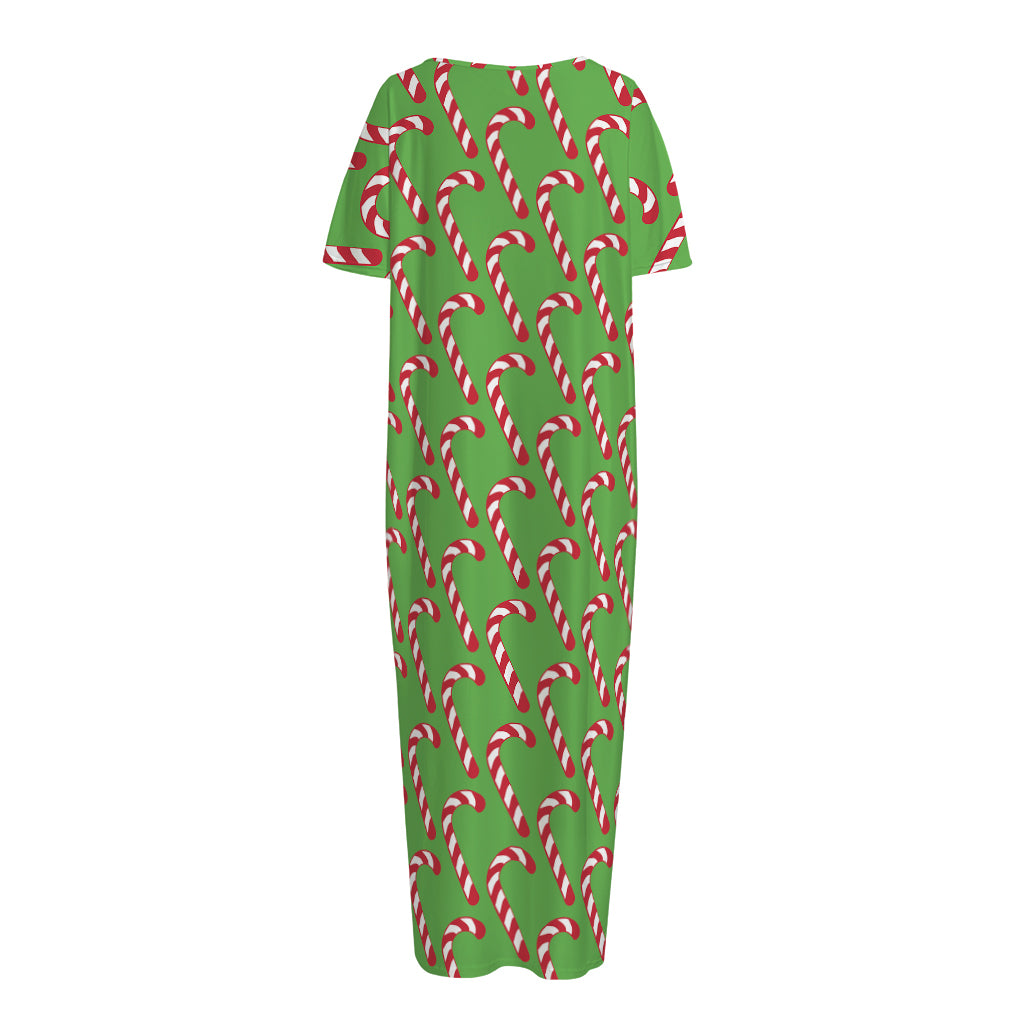 Merry Christmas Candy Cane Pattern Print Short Sleeve Long Nightdress