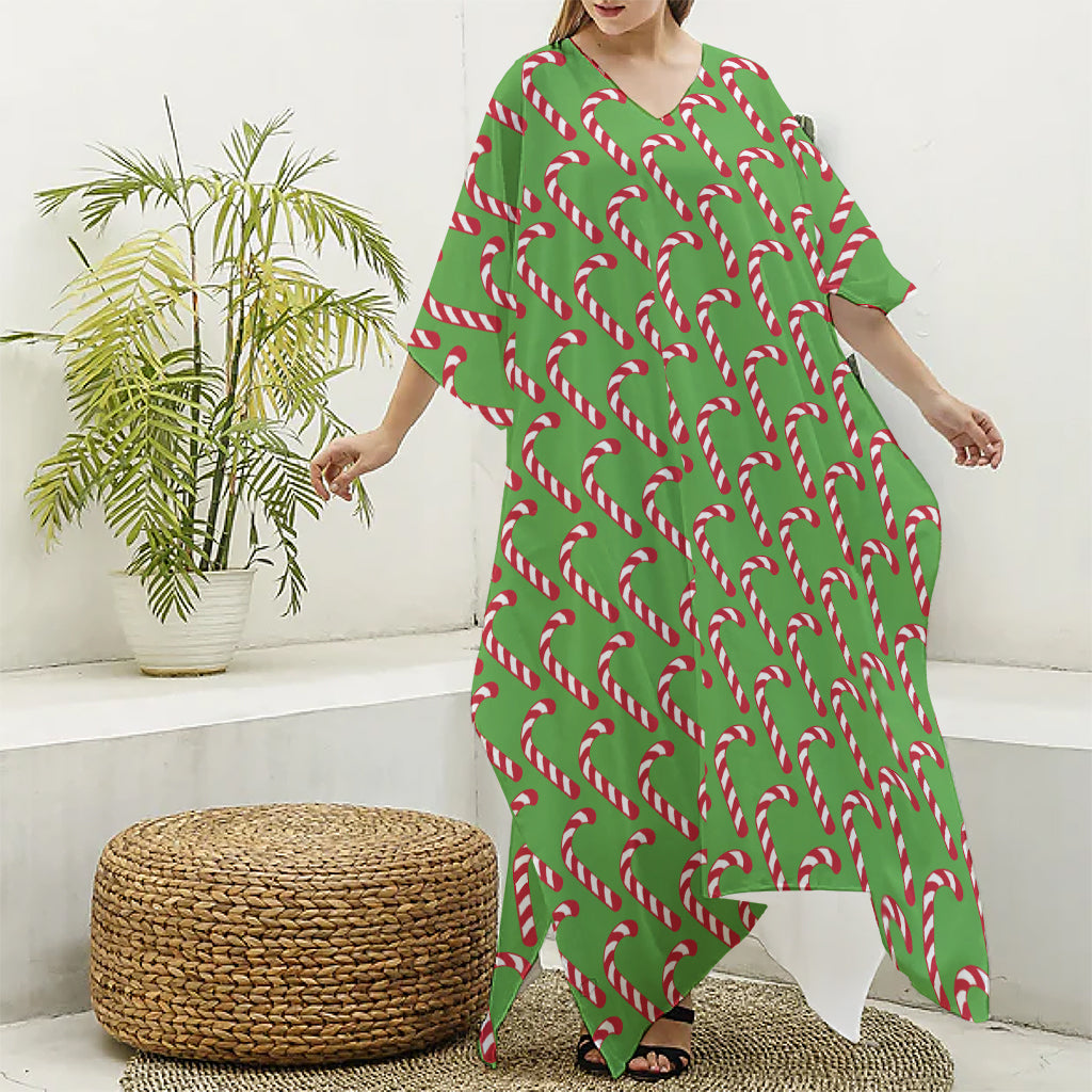 Merry Christmas Candy Cane Pattern Print Silk V-Neck Kaftan Dress
