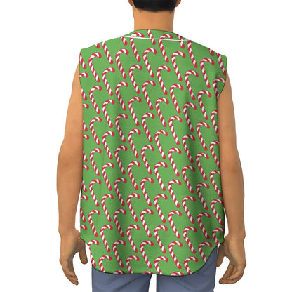 Merry Christmas Candy Cane Pattern Print Sleeveless Baseball Jersey