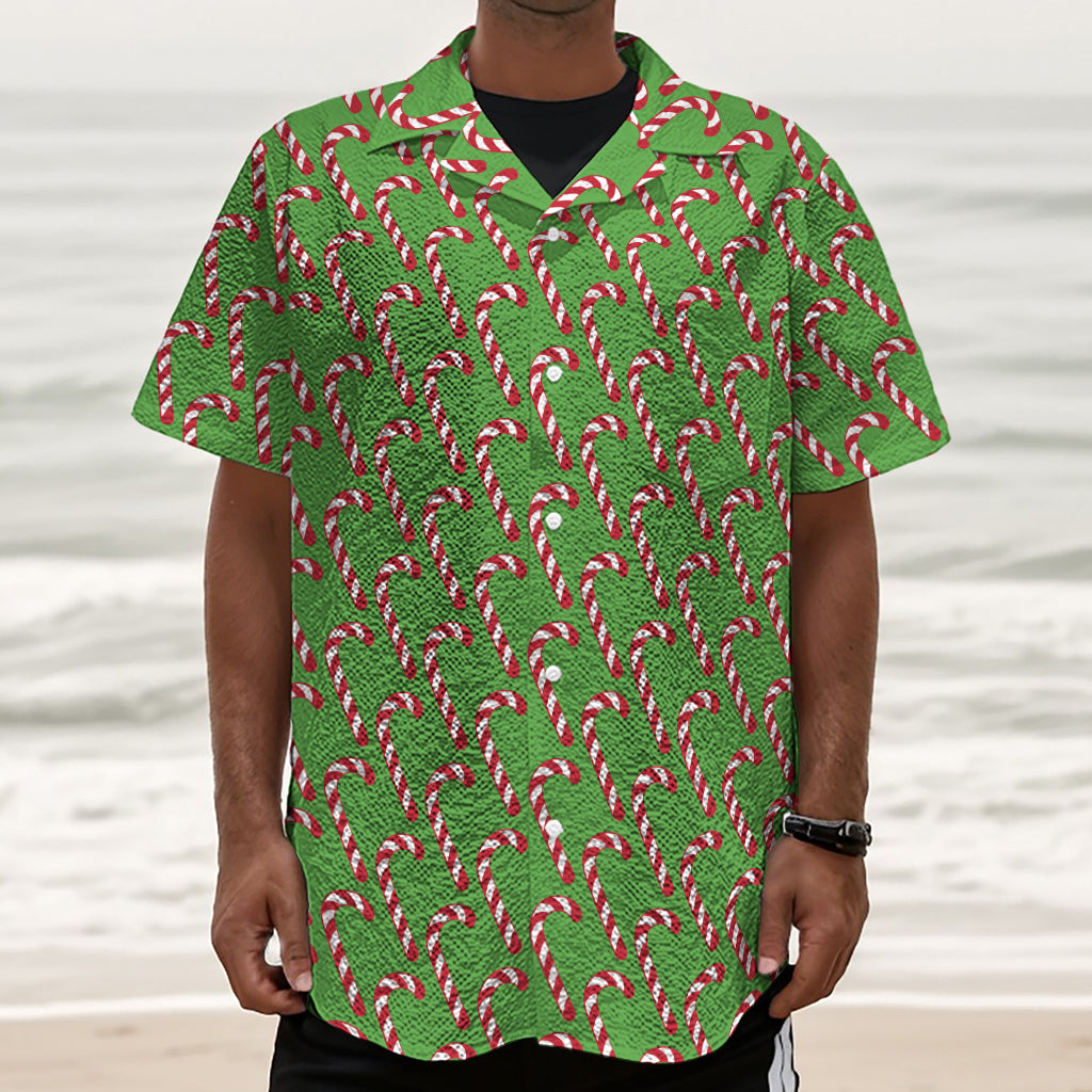 Merry Christmas Candy Cane Pattern Print Textured Short Sleeve Shirt