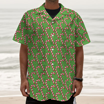 Merry Christmas Candy Cane Pattern Print Textured Short Sleeve Shirt