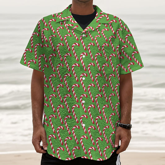 Merry Christmas Candy Cane Pattern Print Textured Short Sleeve Shirt