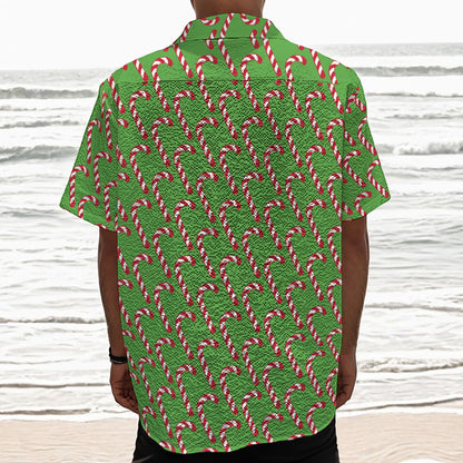 Merry Christmas Candy Cane Pattern Print Textured Short Sleeve Shirt