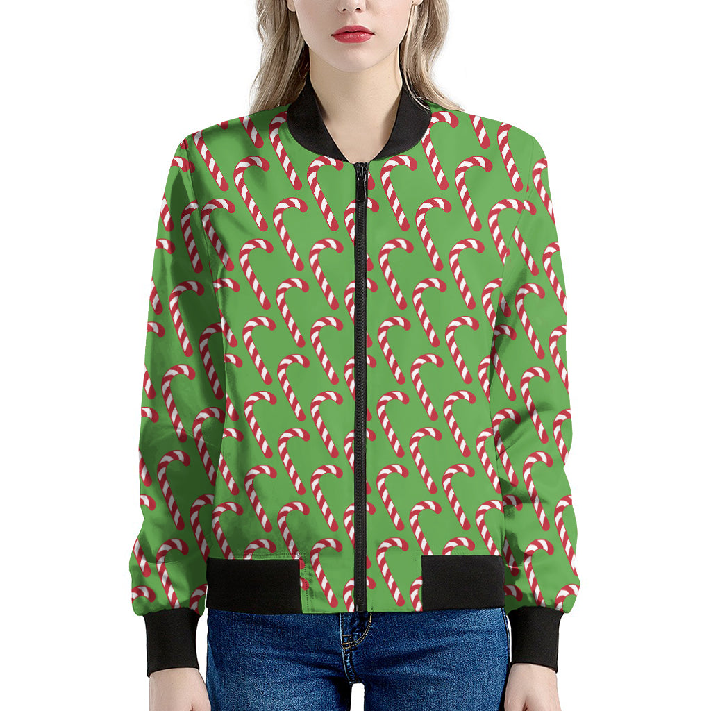 Merry Christmas Candy Cane Pattern Print Women's Bomber Jacket