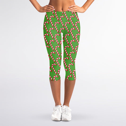 Merry Christmas Candy Cane Pattern Print Women's Capri Leggings