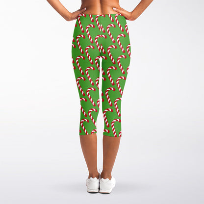 Merry Christmas Candy Cane Pattern Print Women's Capri Leggings