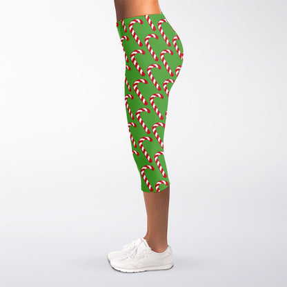 Merry Christmas Candy Cane Pattern Print Women's Capri Leggings