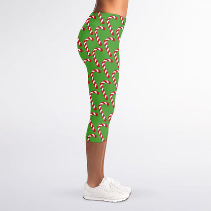Merry Christmas Candy Cane Pattern Print Women's Capri Leggings