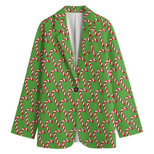 Merry Christmas Candy Cane Pattern Print Women's Cotton Blazer