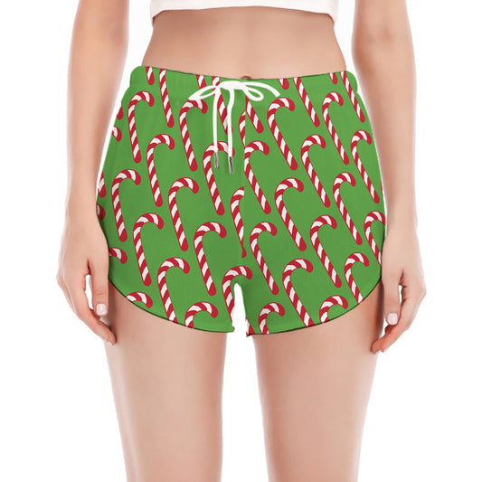 Merry Christmas Candy Cane Pattern Print Women's Split Running Shorts