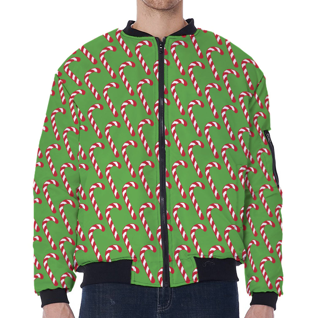 Merry Christmas Candy Cane Pattern Print Zip Sleeve Bomber Jacket