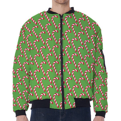 Merry Christmas Candy Cane Pattern Print Zip Sleeve Bomber Jacket