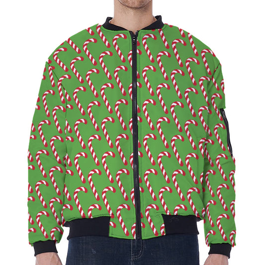 Merry Christmas Candy Cane Pattern Print Zip Sleeve Bomber Jacket