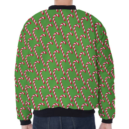 Merry Christmas Candy Cane Pattern Print Zip Sleeve Bomber Jacket